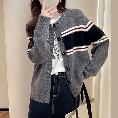 唐狮秋冬毛线衫女减龄休闲拼接圆领针织外套高红色费尔岛外套TD图片