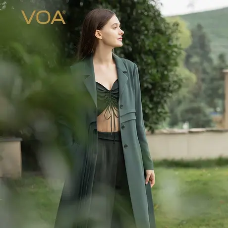 VOA51姆米真丝重磅茶绿西装领三粒扣腰带设计不对称活页长袖风衣商品大图