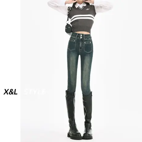 复古高腰加绒小脚牛仔裤女秋冬2023新款显瘦时尚弹力紧身铅笔裤子图片