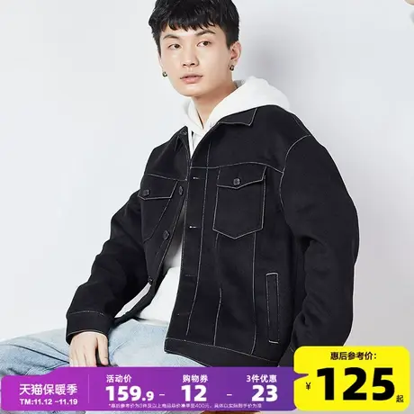 唐狮秋冬季辑明线毛呢外套男短款休闲宽松黑色呢子夹克韩版潮流图片
