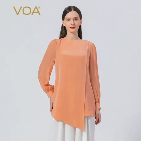 VOA真丝30姆米重磅圆领橙色不对称尖角摆设计长袖休闲桑蚕丝T恤衫图片