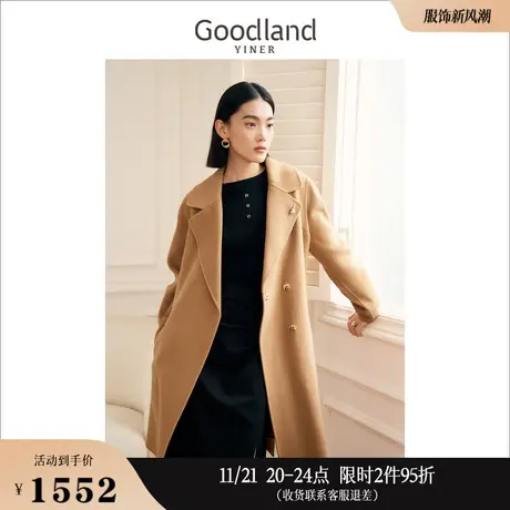 Goodland美地女装2023冬季纯绵羊毛双面呢大衣复古大翻领外套商品大图