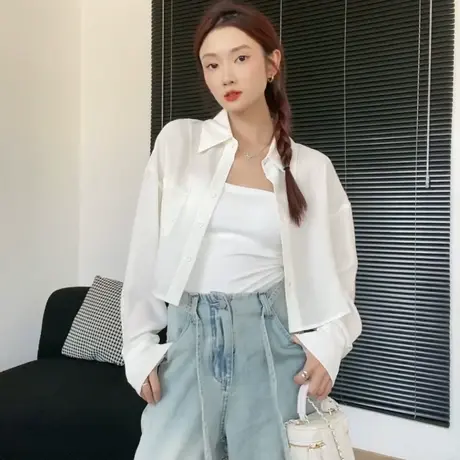 尔给薄款小个子短款防晒衬衫女夏季2023新款衬衣宽松甜美长袖上衣商品大图