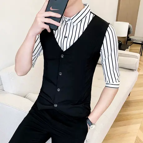 男士条纹短袖衬衫夏季潮流韩版假两件工装美发型师七分袖休闲衬衣图片