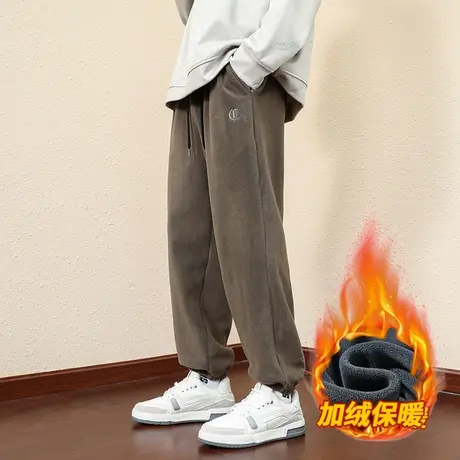 双面奥粒绒休闲裤子男秋冬款束脚加绒卫裤男潮青少年保暖运动长裤商品大图