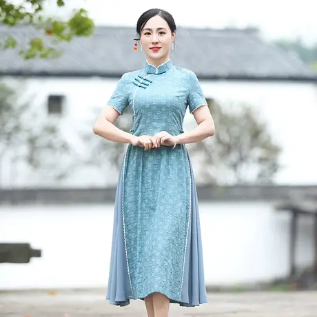 筠雅连衣裙女夏季2025年短袖薄款收腰显瘦时尚复古印花中国风女装商品大图