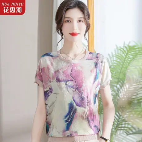 新款妈妈夏装衬衫上衣洋气中年妇女时尚小衫中老年雪纺衫短袖t恤图片