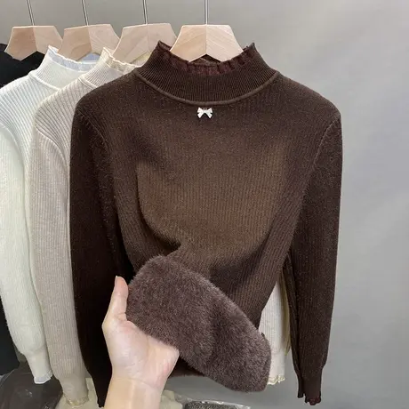 加绒半高领毛衣女一体绒打底衫2024秋冬新款蕾丝针织衫内搭厚上衣商品大图