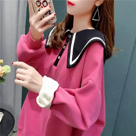 中长款慵懒风娃娃领加绒卫衣女2023年秋季小清新减龄学院风上衣潮商品大图