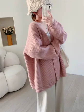 宽松慵懒风大码V领毛衣开衫女秋冬2023新款韩版百搭纯色针织外套商品大图