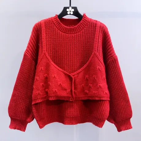 高级感时尚假两件毛衣女秋冬2023新款宽松慵懒风减龄针织衫上衣商品大图