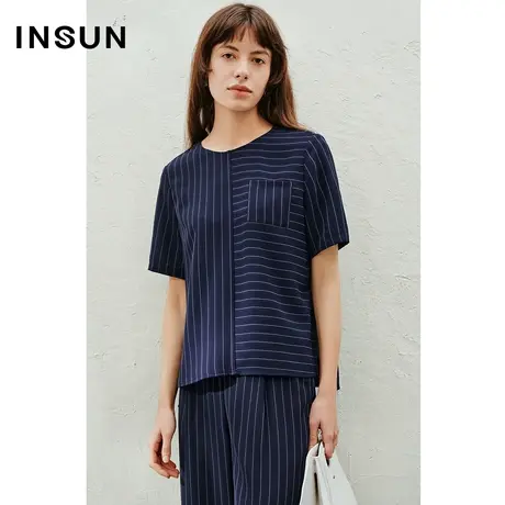INSUN恩裳线上专选夏季竖条纹宽肩透气冰丝衬衫商品大图