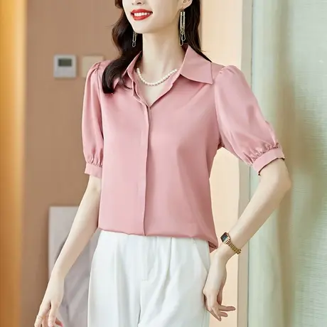 别致时尚缎面短袖衬衫女上衣2023夏季新款职业纯色仿真丝雪纺衬衣商品大图