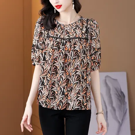 夏季新款花色雪纺衫女上衣2023年时尚宽松减龄短袖别致设计感女衫图片