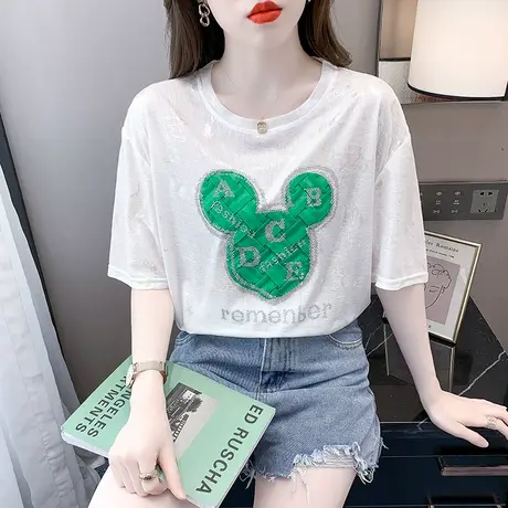 白色冰丝短袖t恤女2023夏季新款宽松纯棉设计感小众烫钻上衣ins潮商品大图