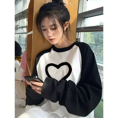 黑白撞色宽松oversize插肩t恤女2023新款纯棉印花原宿风长袖上衣商品大图