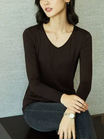 莫代尔长袖T恤女宽松显瘦高级感ins上衣女2023春季新款v领打底衫商品大图