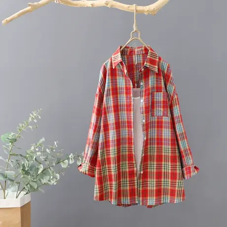 宽松大码格子衬衫女韩版显瘦春秋新款外套薄开衫磨毛渐变休闲衬衣图片