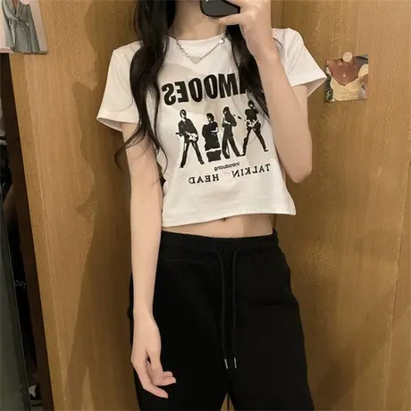 美式复古炸街白色短袖正肩t恤女夏季小个子短款辣妹上衣配高腰裤商品大图