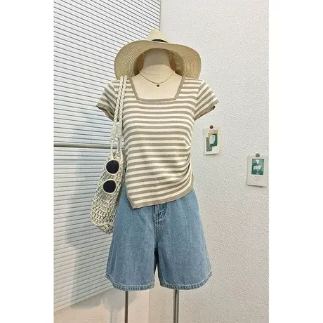 设计感小众方领开叉条纹短袖针织衫 正肩小个子侧褶皱弹力上衣女商品大图