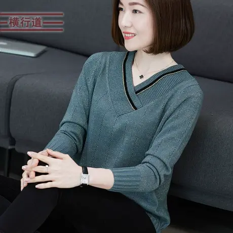 2024新款v领长袖羊毛衫纯色v领撞色针织衫休闲宽松毛衣外穿春装女图片