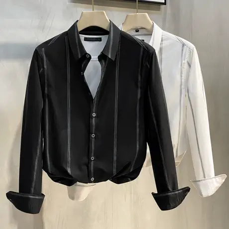 2023春秋新款轻奢抗皱衬衫男长袖高级感商务条纹男士衬衣韩版帅气商品大图