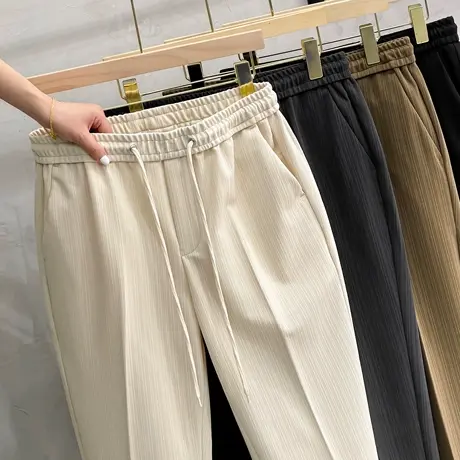 高端春秋季裤子男九分潮流韩版直筒春秋款冰丝肌理条纹男士休闲裤图片
