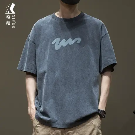希越阿苏特洗水260g重磅全棉t恤男短袖夏季大码美式复古印花上衣商品大图