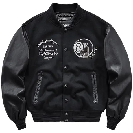 VIP棒球服男潮牌ins美式复古羊毛呢外套春秋拼接刺绣飞行夹克潮牌商品大图