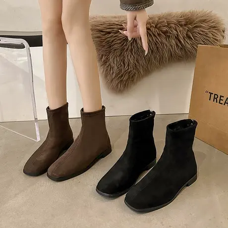 马丁靴女2023秋冬季新款超火ins潮瘦瘦靴粗跟韩版复古方头小短靴图片