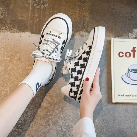 棋盘格帆布鞋女夏款2024春季新款休闲小白鞋百搭原创小众运动板鞋商品大图