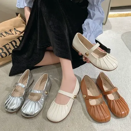 温柔风软底小皮鞋女外穿2023年夏季新款浅口平底魔术贴奶奶鞋单鞋商品大图