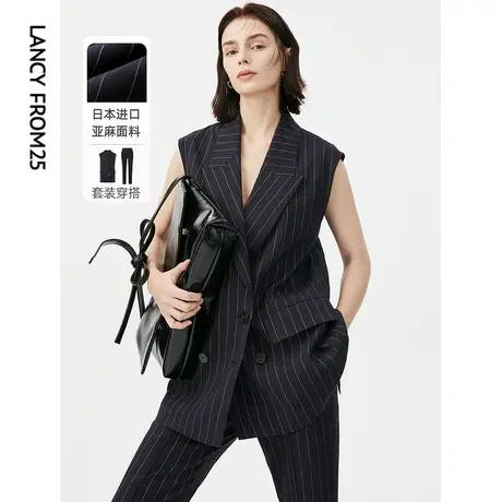 朗姿法式亚麻气质黑色条纹职业干练西装马甲女夏季新款马夹上衣图片