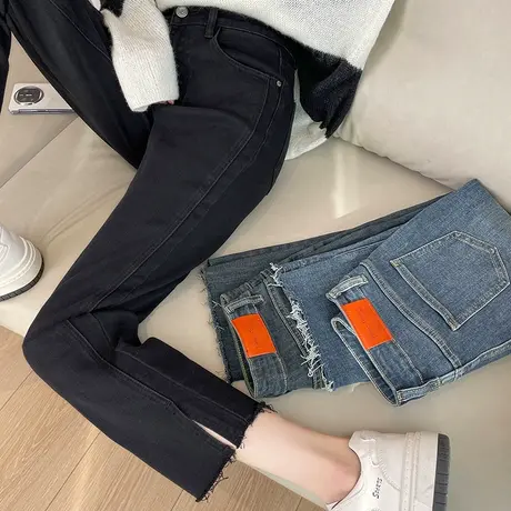 开叉高腰直筒牛仔裤女春秋季新款加绒宽松毛边小个子九分烟管裤子商品大图