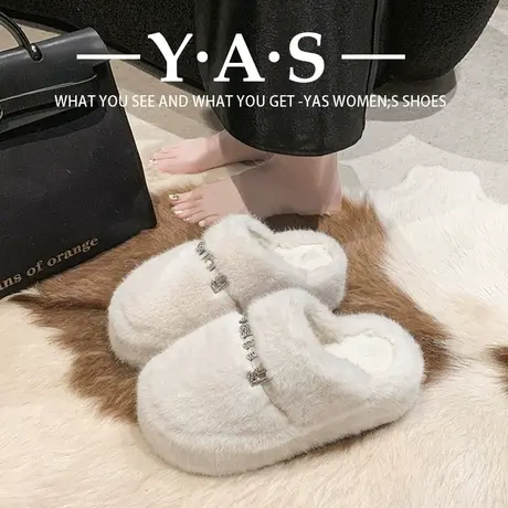 2023秋冬毛绒包头半拖鞋女外穿厚底中跟增高棉拖毛毛鞋女秋冬棉鞋商品大图