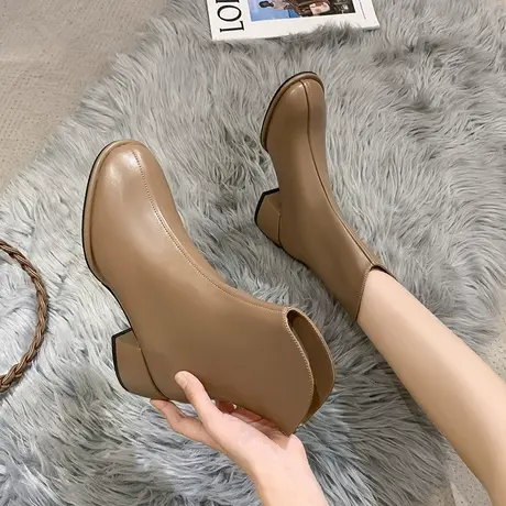 高跟靴子女2023年新款春秋单靴马丁靴秋冬韩系法式棕色粗跟短靴女商品大图