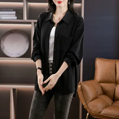 2024伊自尚女装大码春季微胖mm简约风宽松时尚长袖衬衫Polo领上衣商品大图