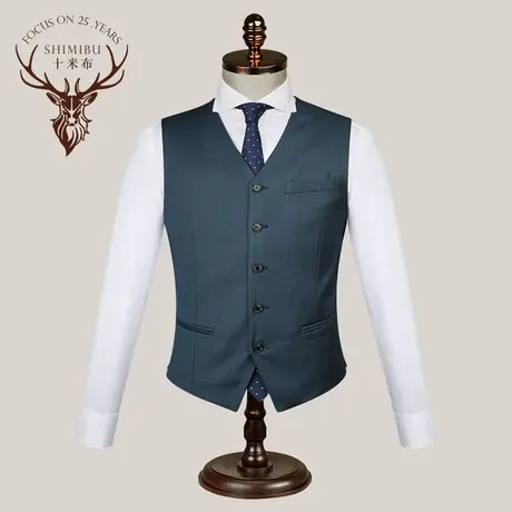 十米布简约欧美绅士背心墨绿色V领马夹韩版修身商务西装马甲男商品大图