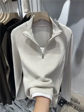 欧货假两件立领半拉链磨毛德绒卫衣女2023秋冬新款休闲拼接上衣潮图片