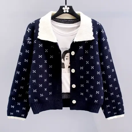 复古提花娃娃领毛衣外套女冬季2023新款宽松温柔风减龄针织开衫商品大图