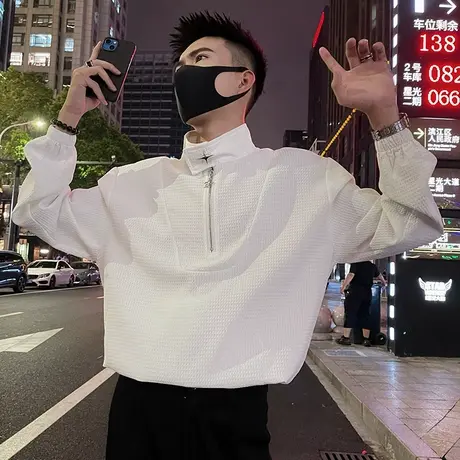 重磅秋季半拉链套头卫衣男华夫格潮流痞帅POLO衫立领长袖t恤外套商品大图