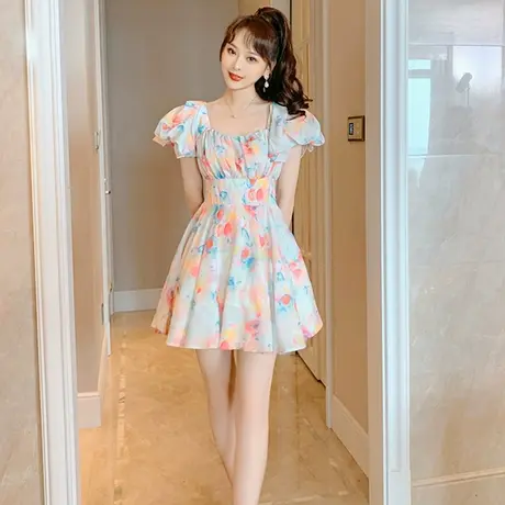 可盐可甜温柔风连衣裙女夏气质方领彩色印花收腰礼服裙日常小洋装商品大图