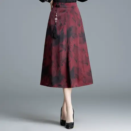 民族风印花a字裙女春季2024新款高腰垂感半身裙显瘦中长气质伞裙商品大图