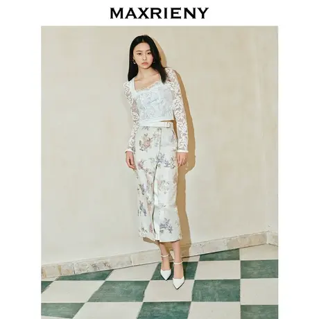 【商场同款-宫廷飞鸽】MAXRIENY复古宫廷钉珠印花半裙2024春新品图片
