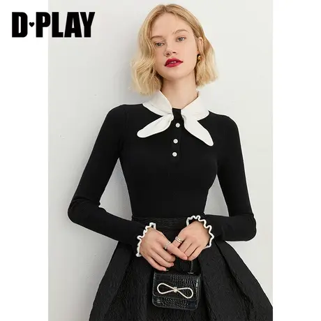 DPLAY秋新新款复古蝴蝶结小翻领毛衫通勤修身黑色打底针织衫图片