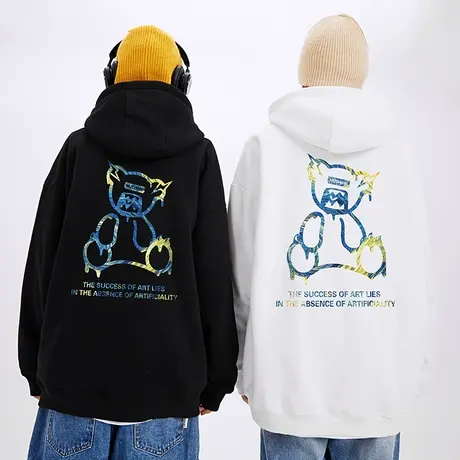 欧美高街vibe小熊连帽卫衣男潮牌ins宽松oversize加绒情侣外套潮商品大图