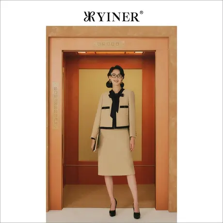 【1996系列】YINER音儿女装冬季含绵羊毛金色粗花呢短外套商品大图