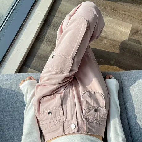 美式复古多口袋工装裤女春秋高街宽松显瘦高腰直筒阔腿休闲裤潮图片