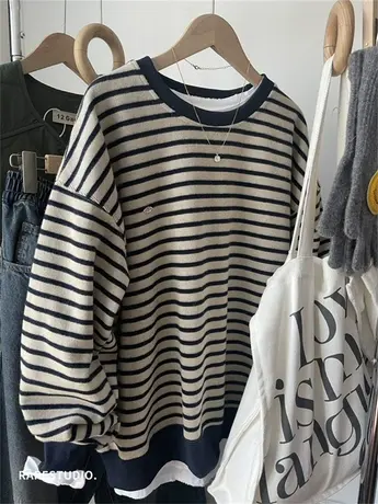 早春新款撞色复古条纹软糯针织棉圆领慵懒休闲百搭简约宽松卫衣女图片