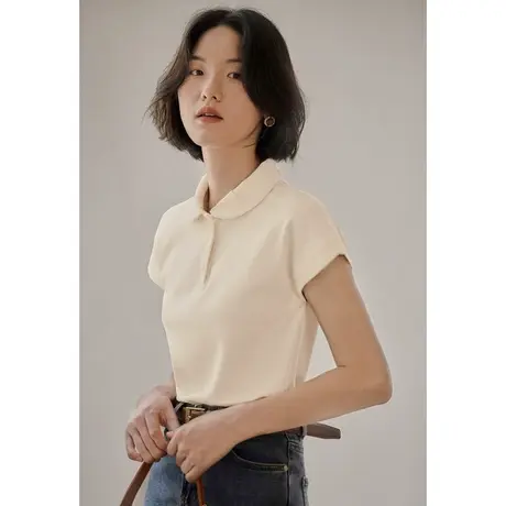 弥古法式小飞袖上衣正肩短袖t恤女夏高级感修身薄款冰丝针织衫图片